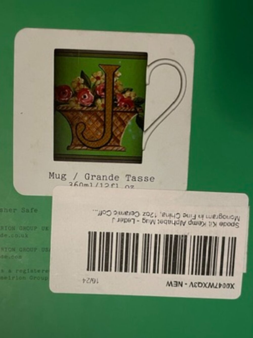 SPODE Kit Kemp Letter "J" Alphabet Mug 12 oz. in Green in Gift Box NWT - Picture 8 of 8